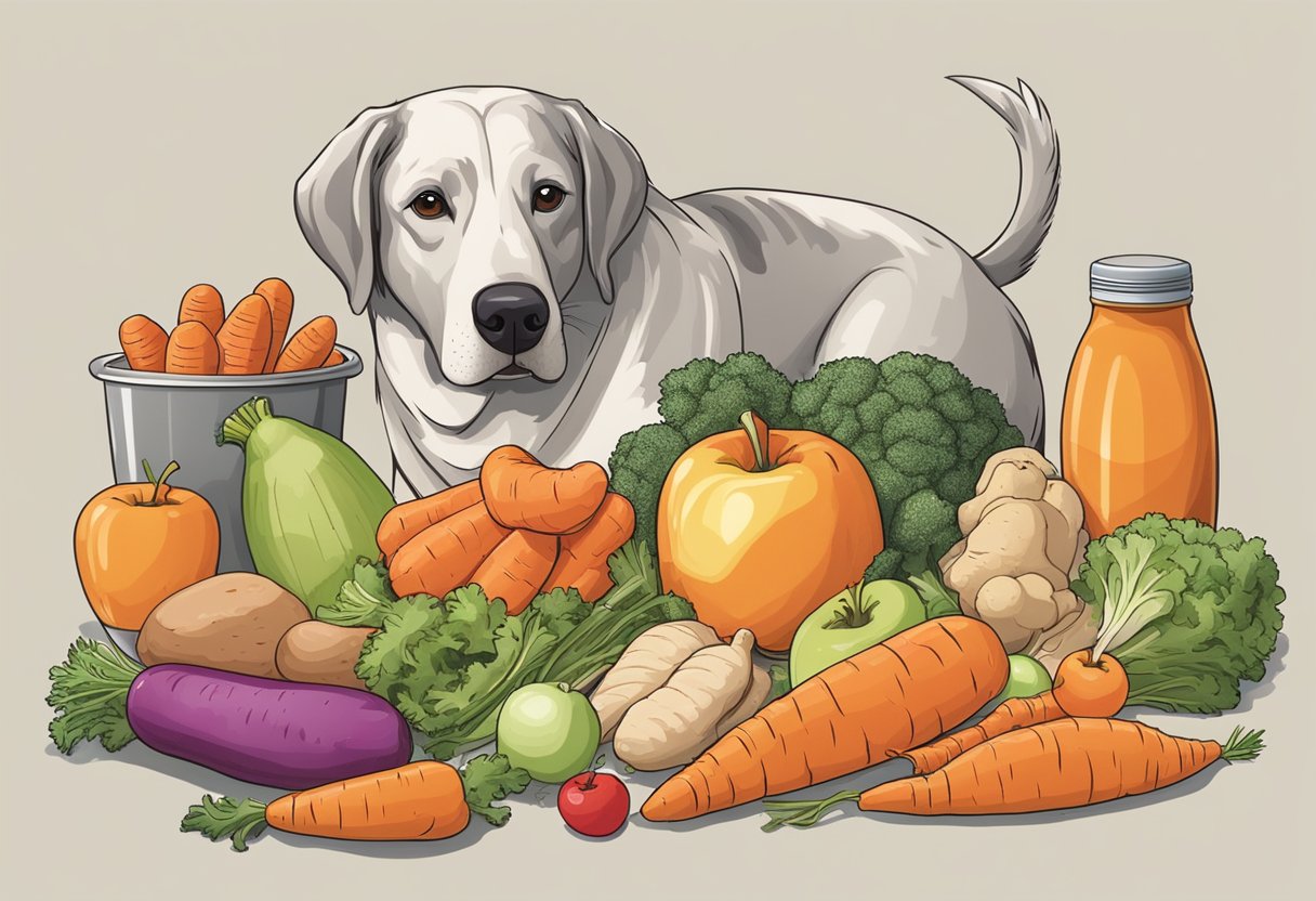 A dog surrounded by various safe food items like carrots, apples, and cooked chicken